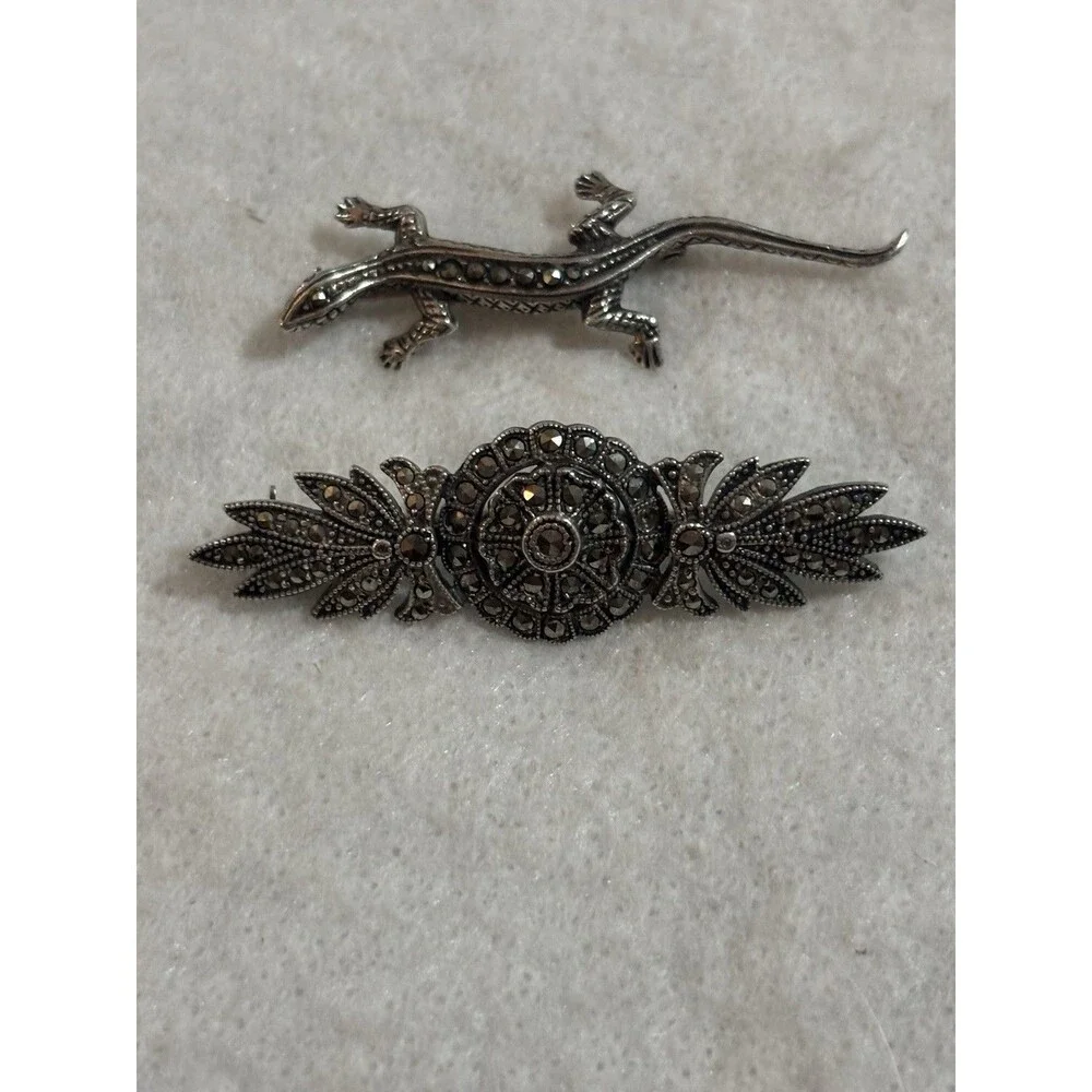Vintage 925 Sterling Silver Marcasite 2 Brooch Pair Gecko Lizard Floral Bar Pins